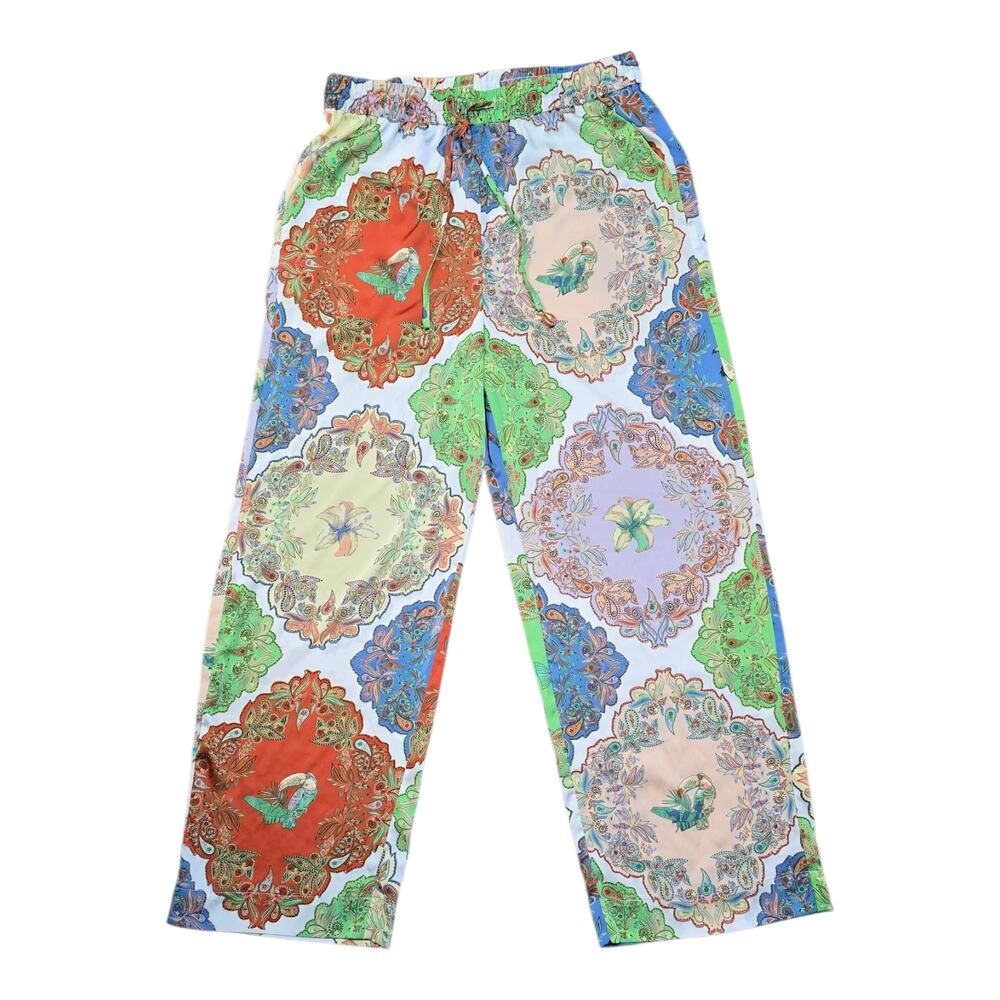 Rachel Zoe Wide Leg Tropical Parrot Paisley Pants - Shell Tassels - Size M
